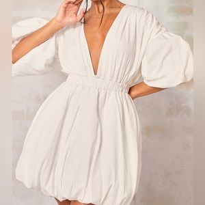 White Puff Sleeve Puffbal Hem Shift Dress by Pretty Little Thing